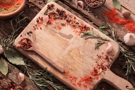herbs and spices on a wooden backgroundの写真素材