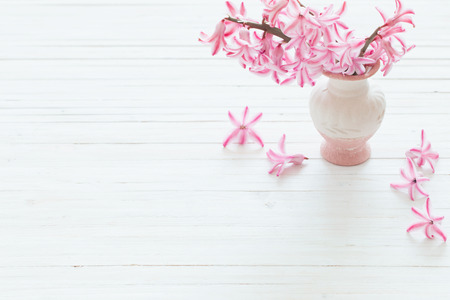 hyacinths in vase on white wooden planksの写真素材