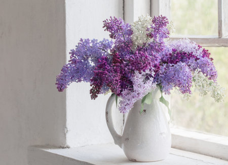 blooming branch of lilac at the windowの写真素材