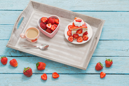 strawberry cake with coffeeの写真素材