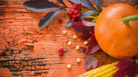 autumn wooden background with pumpkinの写真素材