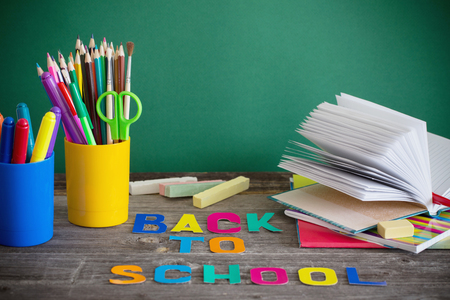 school stationary on wooden tableの写真素材