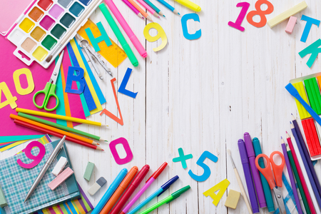 Back to school concept on wooden backgroundの写真素材