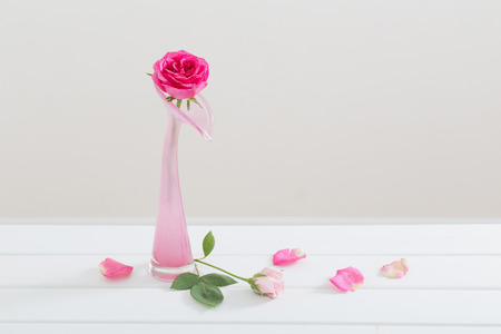 Pink roses in vase on white backgroundの写真素材