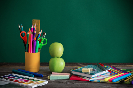 school stationary on wooden tableの写真素材