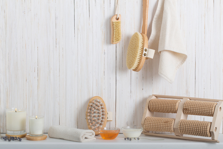Wood massage brush on white backgroundの写真素材
