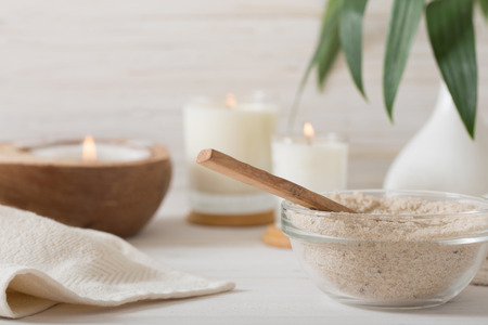 spa composition on white wooden backgroundの写真素材