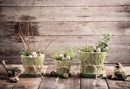 Easter decoration on old wooden backgroundの写真素材