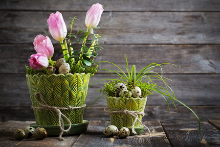 Easter decoration on old wooden backgroundの写真素材