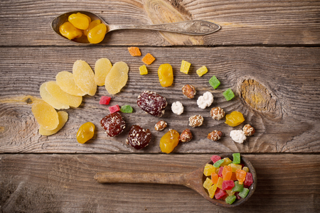 dried fruits mix on wooden backgroundの写真素材