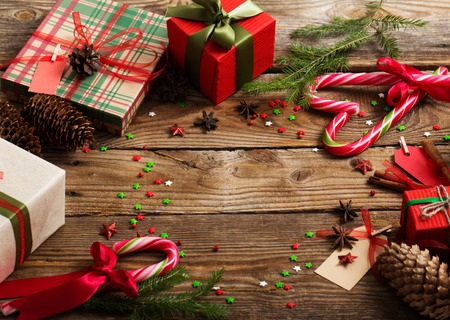 Christmas decoration on wooden  backgroundの写真素材