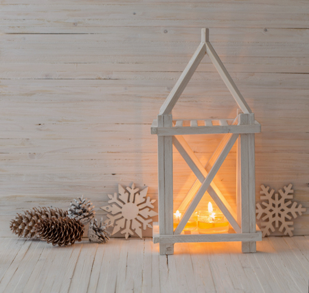 Christmas decor on  wooden tableの写真素材