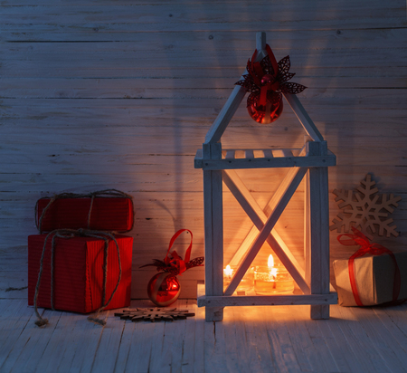 Christmas decor on  wooden backgroundの写真素材