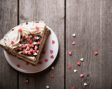 cake with hearts on wooden background