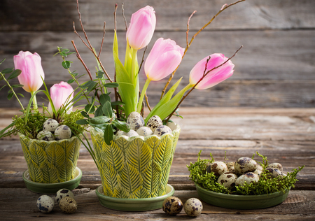 Easter decoration on old wooden backgroundの写真素材