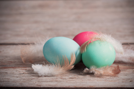 easter eggs on wooden backgroundの写真素材