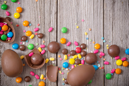 Chocolate Easter Eggs Over Wooden Background