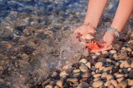 Starfish in hands on the background of the seaの写真素材