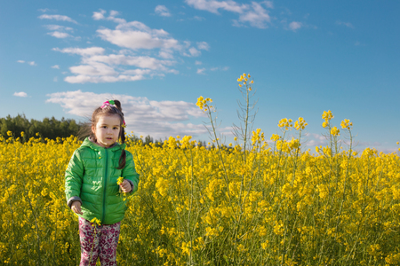 happy little girl with in rape fieldの写真素材