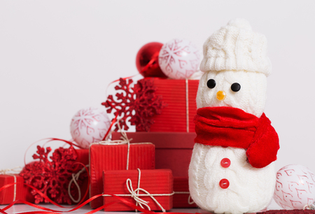 snowmen decoration with red gift boxの写真素材
