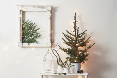Christmas decoration on background  white wallの写真素材