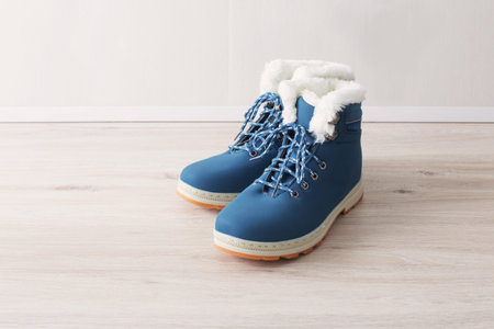 blue winter shoes on wooden floor
