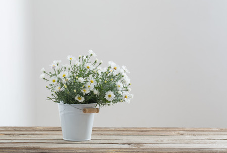 white flowers on bucket on wooden tableの写真素材