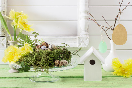 Easter decoration on wooden backgroundの写真素材