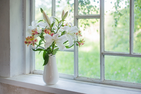 beautiful white lily in vase on windowsillの写真素材