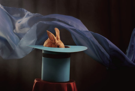 rabbit in  hat on blue backgroundの写真素材