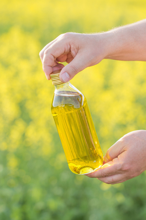 rapeseed oil in bottle in hand on background rape fieldの写真素材