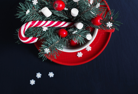 Christmas decorations in red cup on black backgroundの写真素材