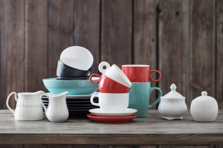 modern dinnerware on wooden background in kitchen