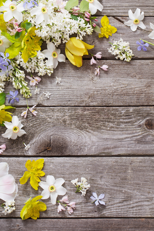 spring flowers on wooden backgroundの写真素材