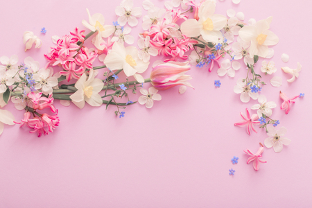 beautiful spring flowers on paper backgroundの写真素材