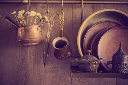 old vintage dishware on dark wooden backgroundの写真素材