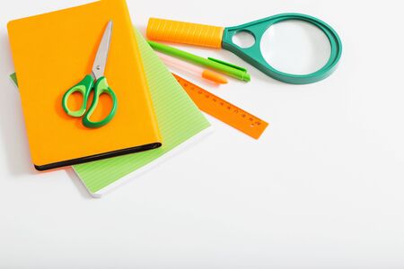 school supplies on white backgroundの写真素材