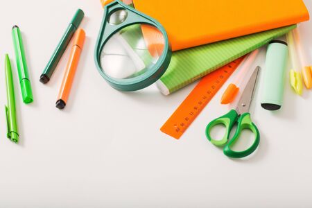 school supplies on white backgroundの写真素材