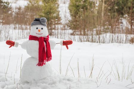 snowman in red scarf in forestの写真素材