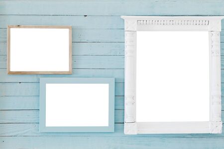 wooden frame on background old blue wallの写真素材