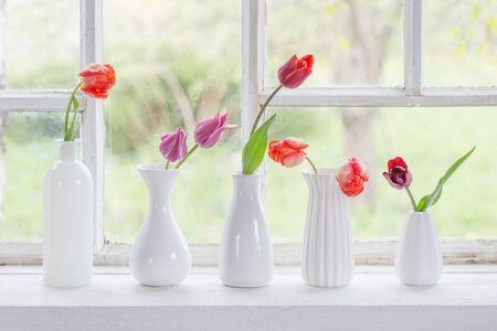 spring flowers in white vase on old windowsillの写真素材