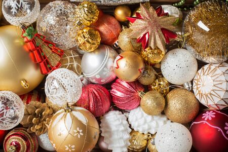 Christmas balls in box on dark wooden backgroundの写真素材