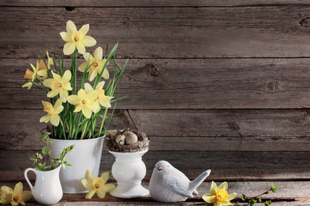 Easter decoration on old wooden backgroundの写真素材