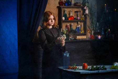 young witch in home. Halloween concept