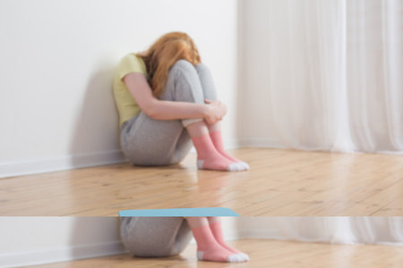 sad teenager girl with scale on wooden floor