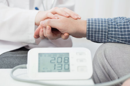 doctor measures the patientâ€™s pressure and holds his hand, healthcare, hospital and medicine...