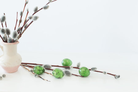 Easter eggs with spring branches willow on white background