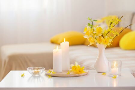 spring flowers in vase on modern interiorの写真素材
