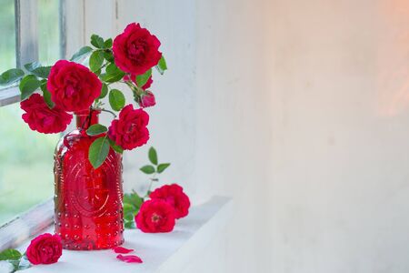 red roses in red glass vase on windowsillの写真素材