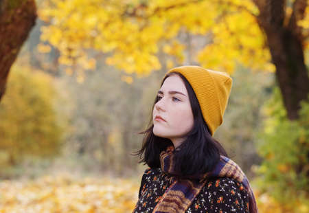 beautiful brunette girl in autumn parkの写真素材